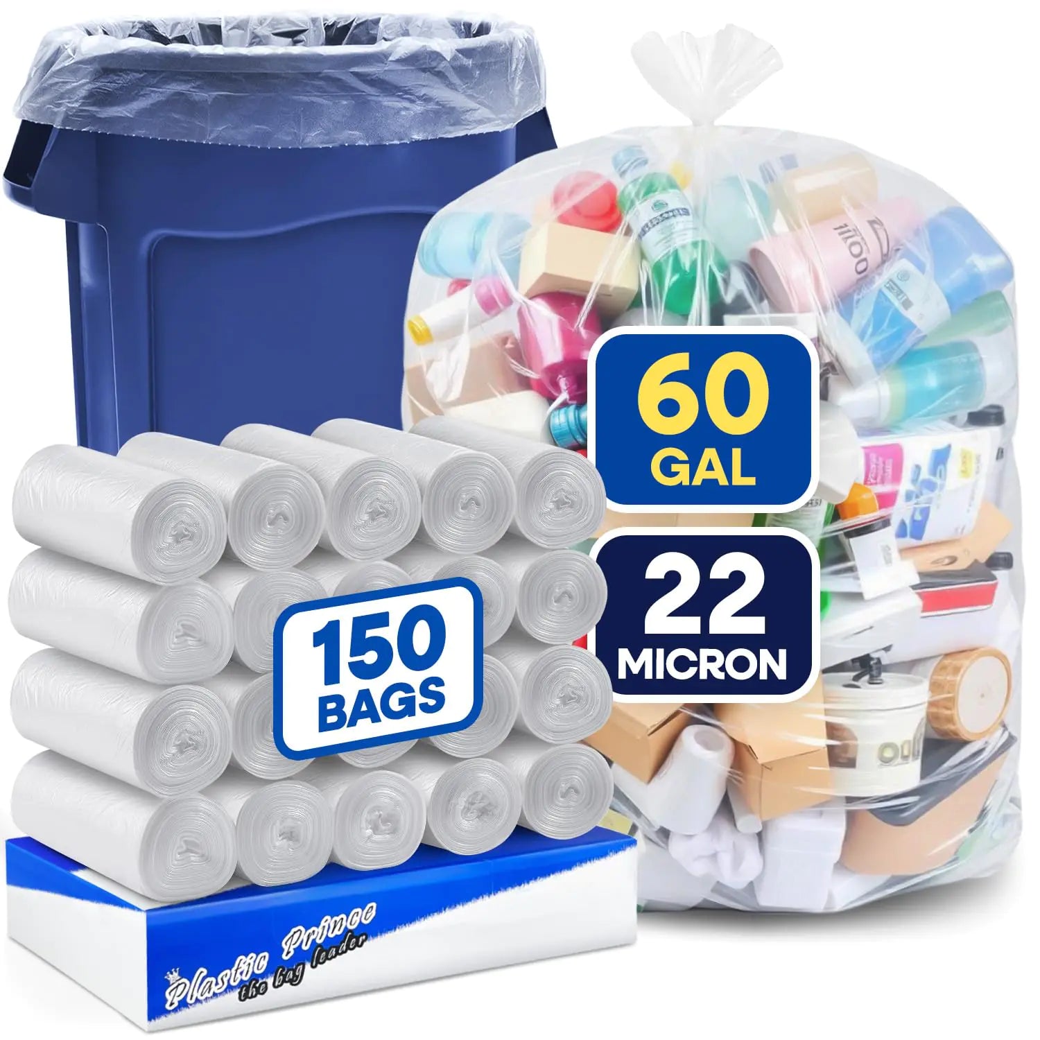 PLASTIC PRINCE 150 Pack 60 Gallon Clear Trash Bags 22 Mic High-Density 38"W×60"L 60 Gallon Trash Bags Heavy Duty Clear Bags Bulk Large Garbage Bag Can Liners Fits Square Trash Can Round Trash Cans