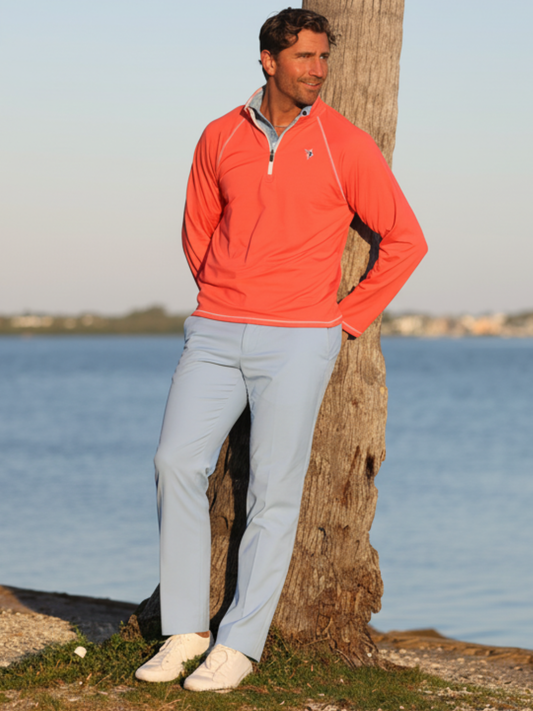 Red White Water Life Harbor Quarter Zip shirt with a relaxed fit, shown on a model, emphasizing its effortless comfort and casual style.