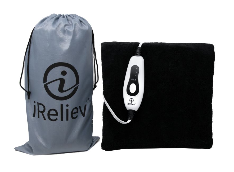iReliev weighted heating pad kit with tote bag, used for hot and cold therapy, featuring a soft fabric cover and adjustable weight.