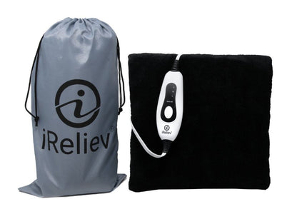 iReliev weighted heating pad kit with tote bag, used for hot and cold therapy, featuring a soft fabric cover and adjustable weight.