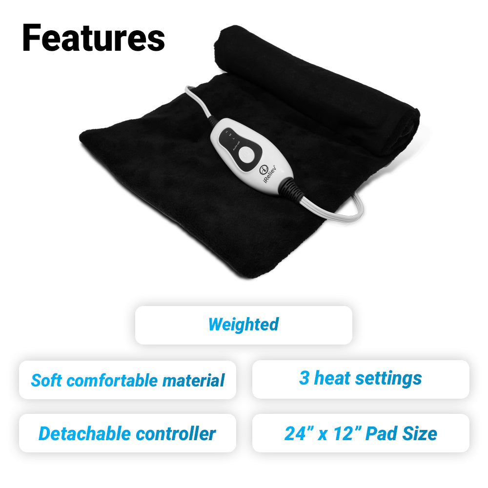 iReliev weighted heating pad for hot and cold therapy, showing plush surface and adjustable straps for targeted pain relief.