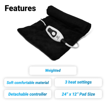 iReliev weighted heating pad for hot and cold therapy, showing plush surface and adjustable straps for targeted pain relief.