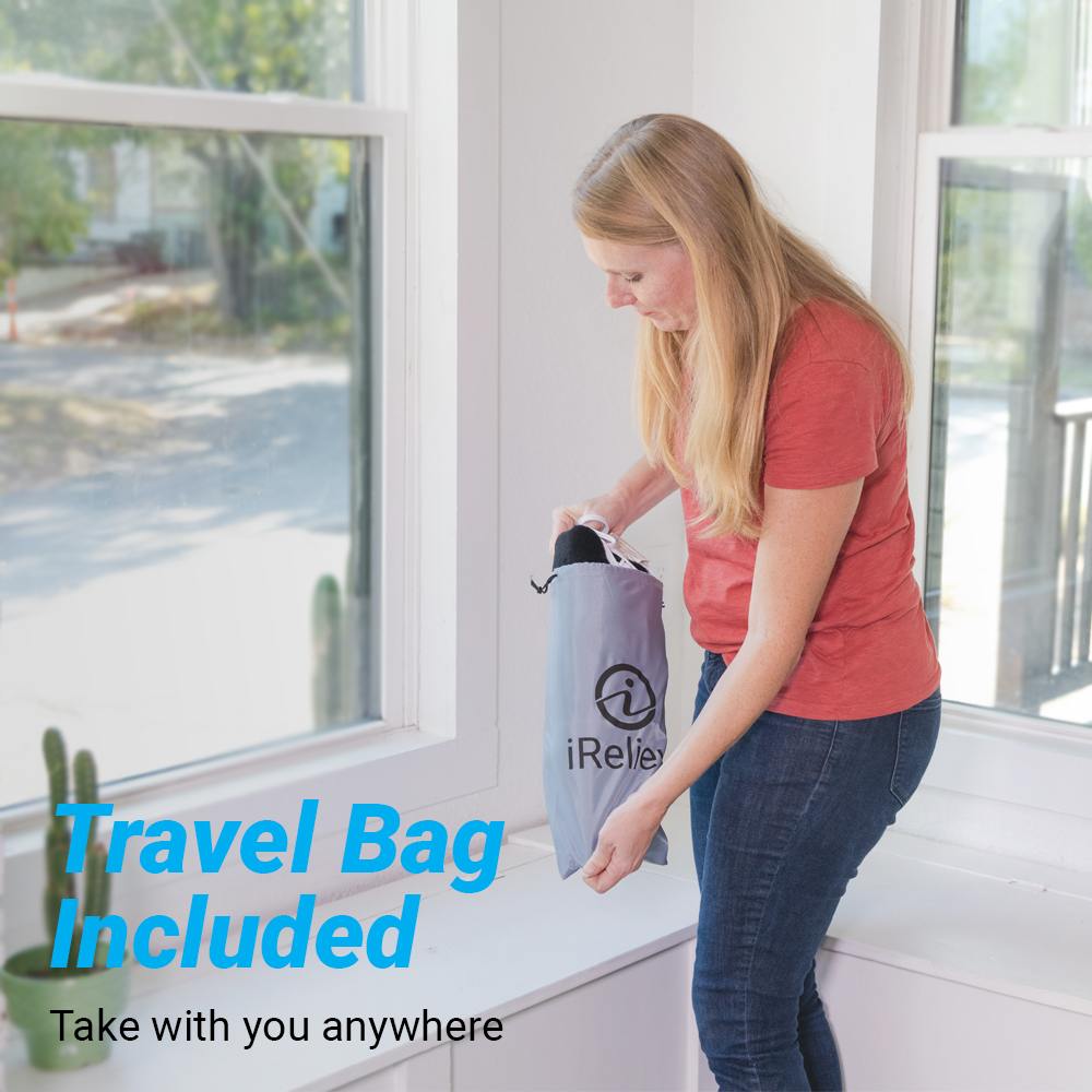 iReliev weighted heating pad for hot and cold therapy with travel bag, showcasing adjustable weight and soft fabric cover.