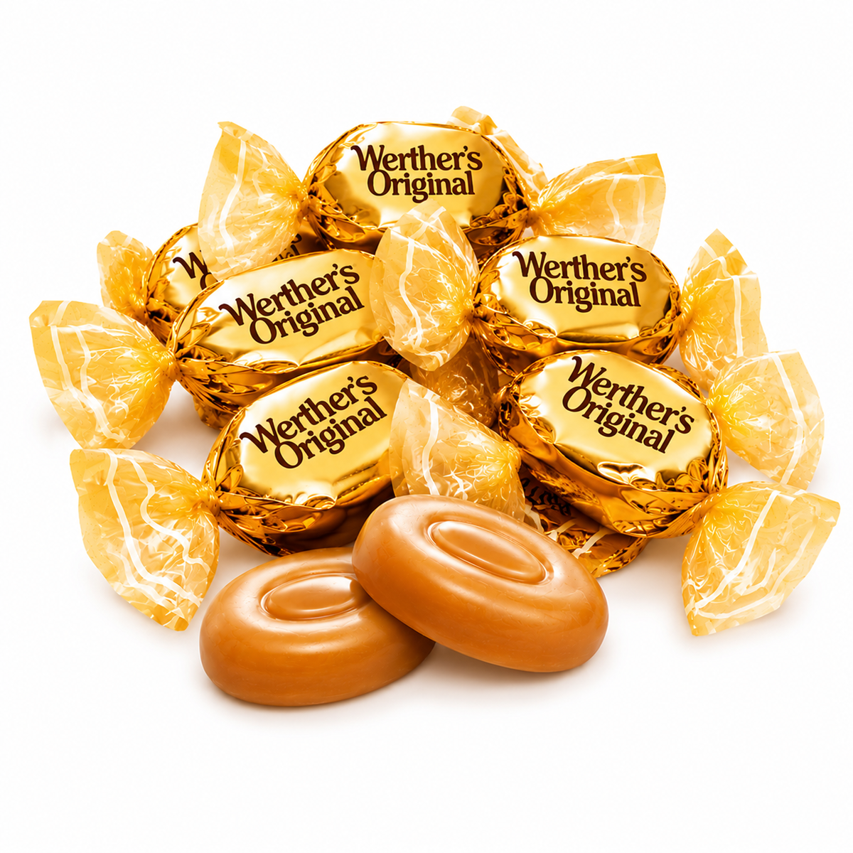 Werther's Original caramel hard candies in a bulk Candy In Bulk package, showing individually wrapped caramel candies.