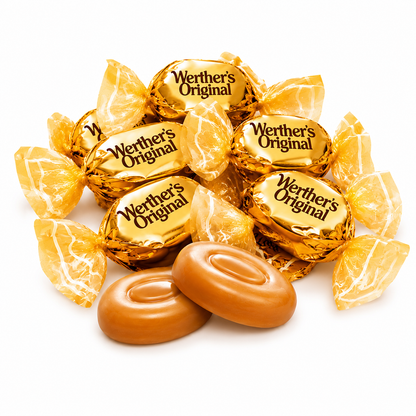 Werther's Original caramel hard candies in a bulk Candy In Bulk package, showing individually wrapped caramel candies.