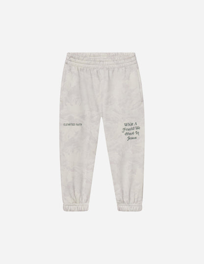 Kids camo sweatpant with "What a Friend in Jesus" print from Elevated Faith, featuring soft fabric and comfortable fit.