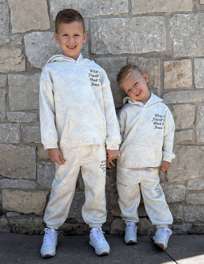 Kids camo sweatpants from Elevated Faith featuring a "What a Friend in Jesus" design, perfect for comfortable, faith-inspired wear.