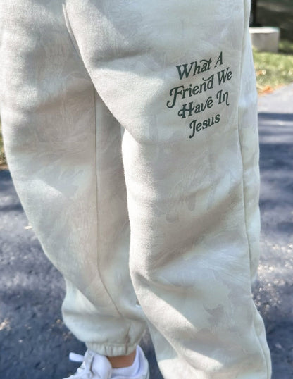 Kids camo sweatpants by Elevated Faith featuring a "What a Friend in Jesus" graphic, comfortable and stylish for children.