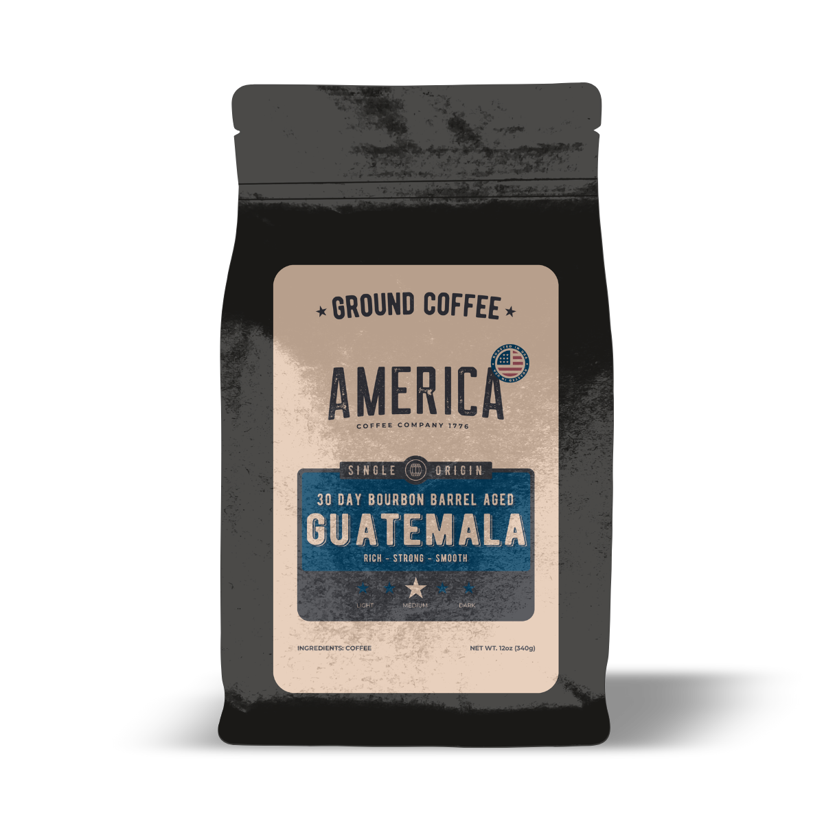 Ground Guatemala coffee from America Supply Company LLC aged in whiskey barrels, highlighting rich aroma and single origin flavor.