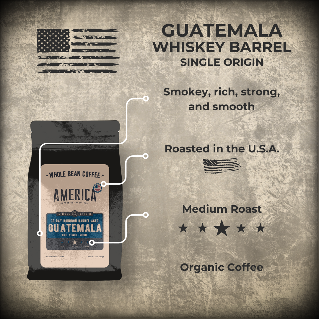 Guatemala single origin coffee aged in whiskey barrels, from America Supply Company LLC, with whiskey barrel details in the image