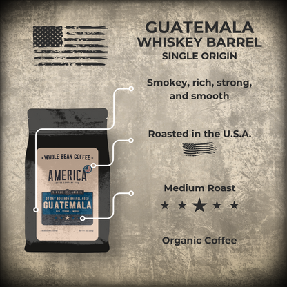 Guatemala single origin coffee aged in whiskey barrels, from America Supply Company LLC, with whiskey barrel details in the image