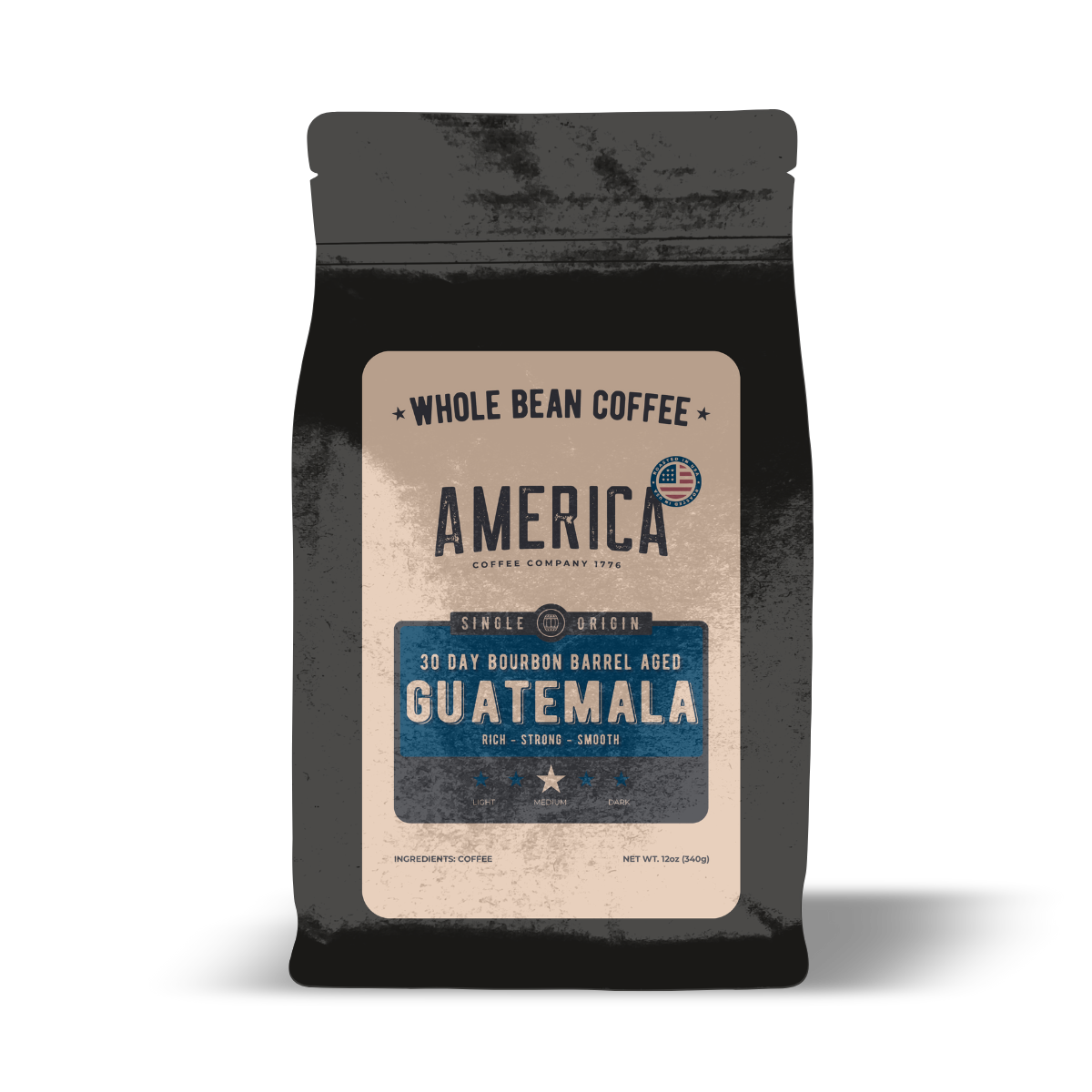 Guatemala single origin coffee aged in whiskey barrels by America Supply Company LLC, showing brewed coffee in a cup with barrel details.
