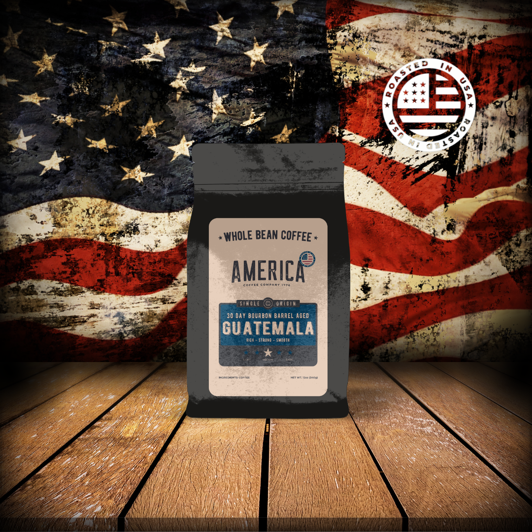 Guatemalan coffee beans aged in whiskey barrels, single origin, by America Supply Company LLC, with whiskey barrel in the background.