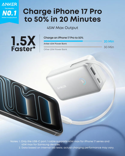 White Anker Nano 10,000mAh power bank with 45W charging and built-in retractable USB-C cable, compact portable design.