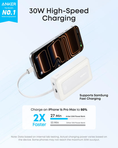 White Anker Zolo 10K Power Bank with 30W output and built-in 5.4-inch USB-C cable, compact portable charger for devices.