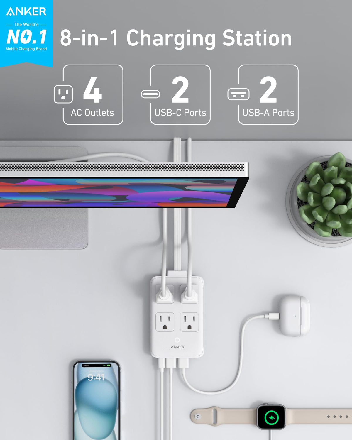 White Anker 8-in-1 charging station with 20W power, featuring multiple ports for smartphones, tablets, and devices.