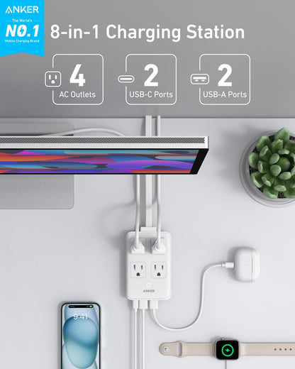 White Anker 8-in-1 charging station with 20W power, featuring multiple ports for smartphones, tablets, and devices.