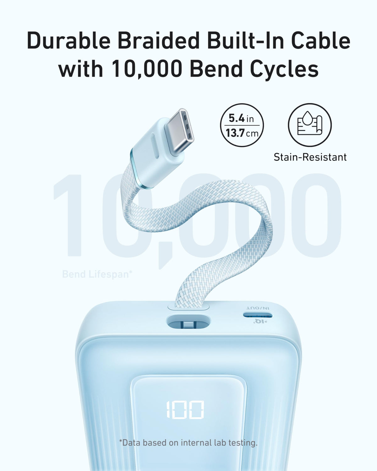 Anker Zolo 10K 30W power bank with built-in 5.4-inch USB-C cable, white compact portable battery charger