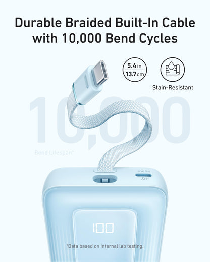 Anker Zolo 10K 30W power bank with built-in 5.4-inch USB-C cable, white compact portable battery charger