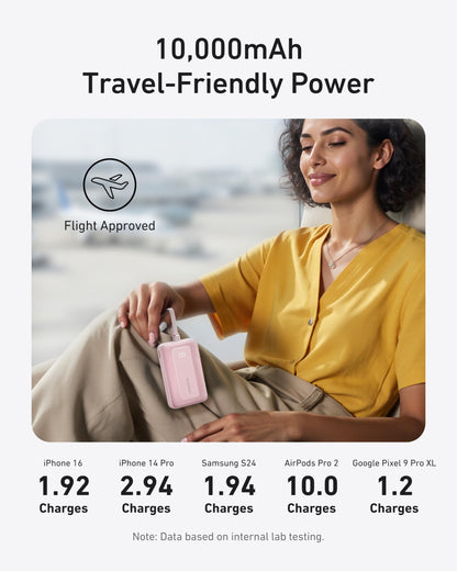 White Anker Zolo Power Bank 10K with 30W output and built-in 5.4-inch USB-C cable, compact portable charger.
