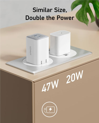White Anker 523 Nano 3 47W charger with compact design and USB-C port, ideal for fast charging smartphones and devices