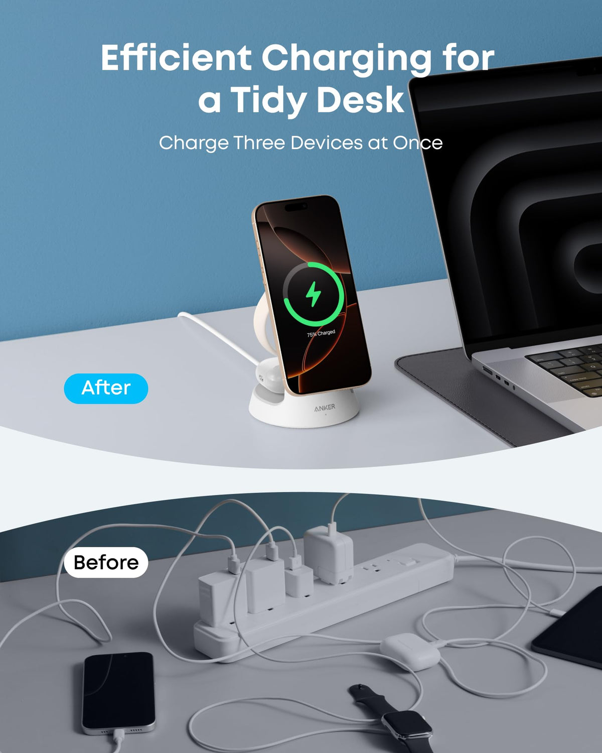 White Anker MagGo 3-in-1 wireless charging station with dock stand for iPhone, Apple Watch, and AirPods on a desk.