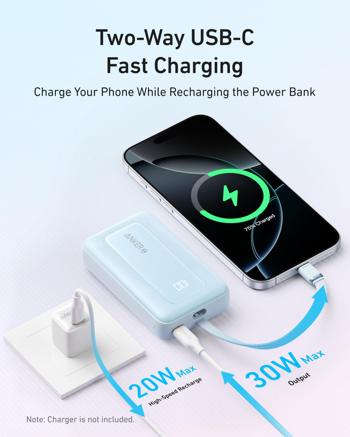 Anker Zolo 10K 30W power bank with built-in 5.4-inch USB-C cable, compact white portable charging device