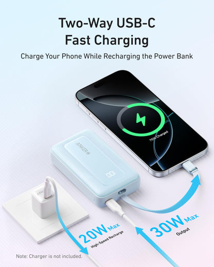 Anker Zolo 10K 30W power bank with built-in 5.4-inch USB-C cable, compact white portable charging device