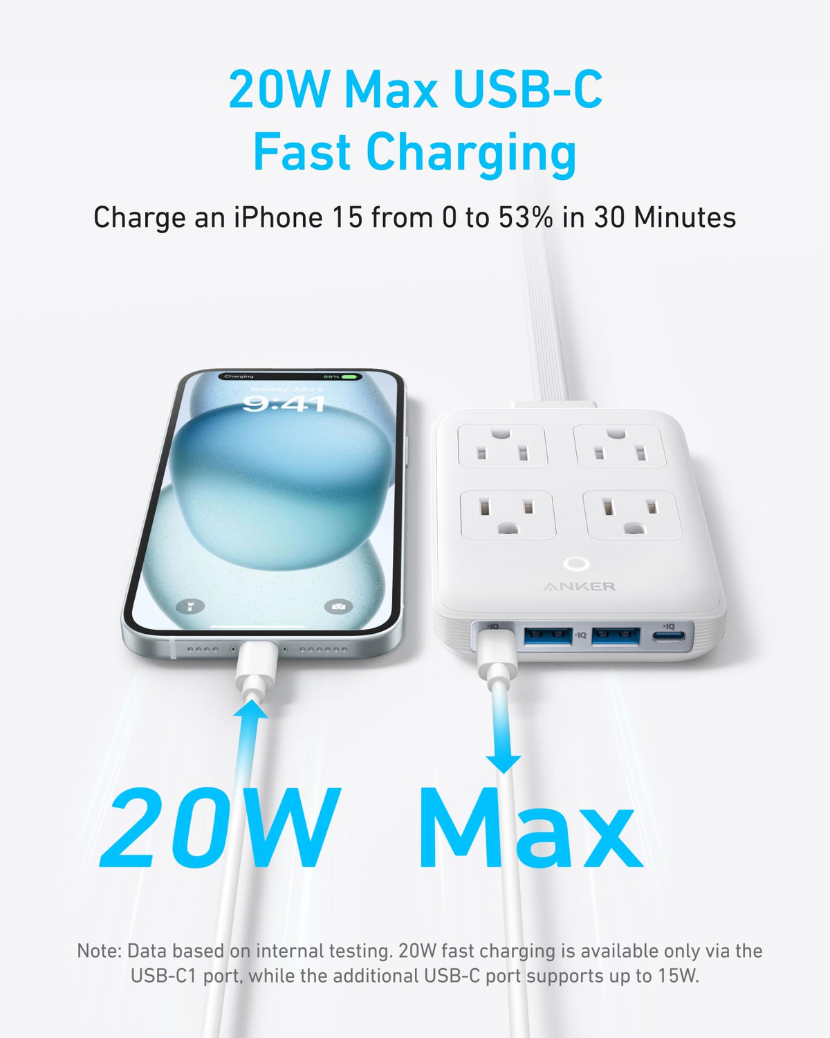 White Anker 8-in-1 charging station with 20W power, multiple ports for charging smartphones, tablets, and accessories.