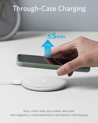 White Anker 313 wireless charging pad for fast, cable-free charging of compatible smartphones and devices.