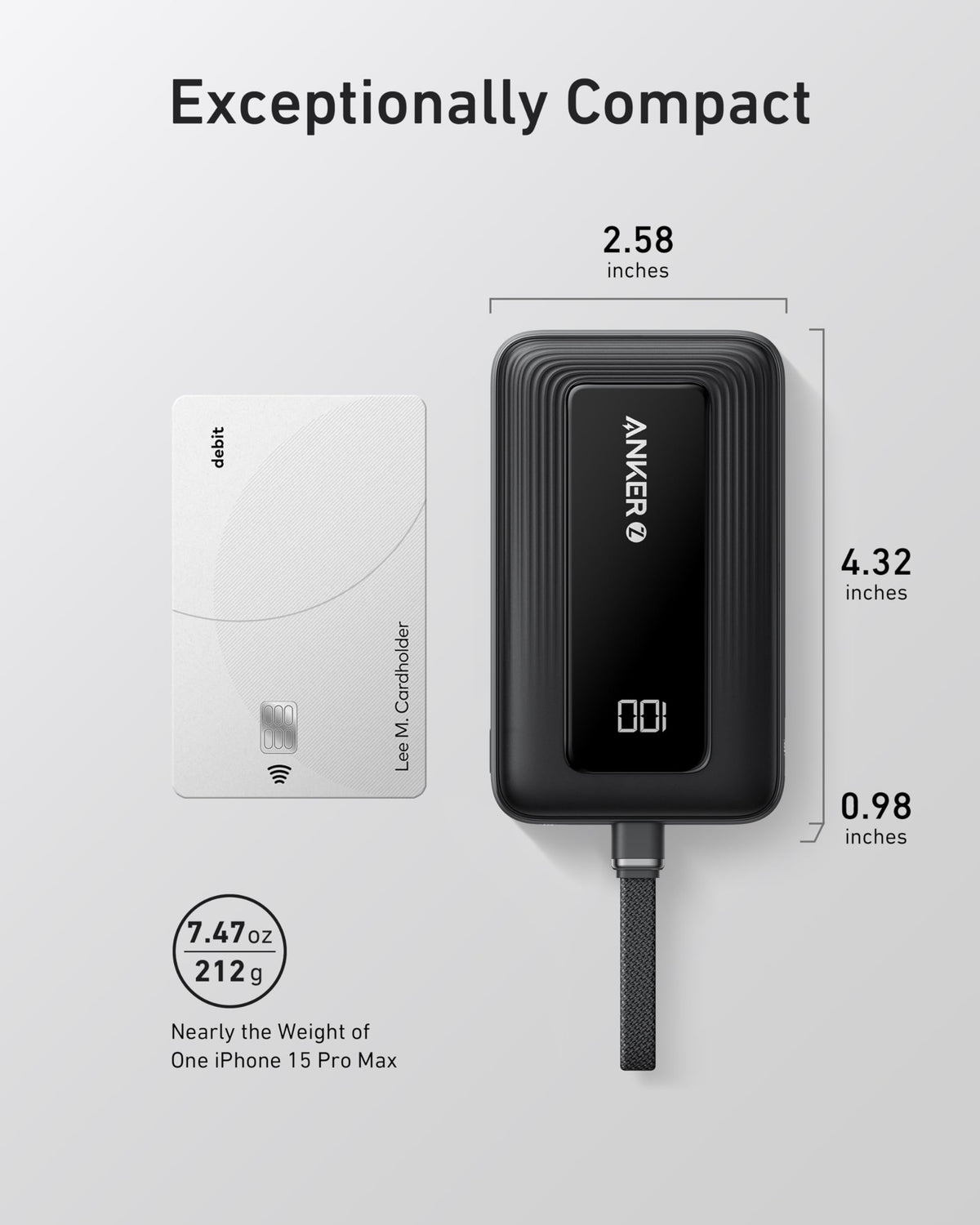 Anker Zolo 10K 30W power bank with built-in 13.7 cm USB-C cable in white, portable rechargeable device for charging on the go.