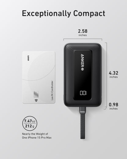Anker Zolo 10K 30W power bank with built-in 13.7 cm USB-C cable in white, portable rechargeable device for charging on the go.