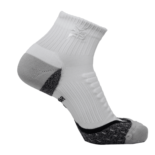White iReliev AMP ankle compression sock showing snug fit and elastic material for support and improved circulation.