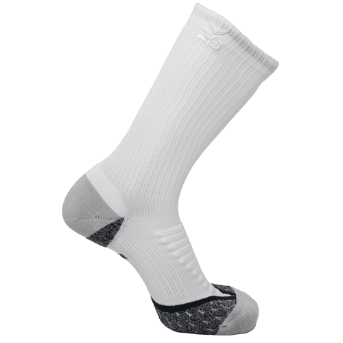 White iReliev AMP Crew Compression Socks designed for improved circulation and comfort during physical activity.