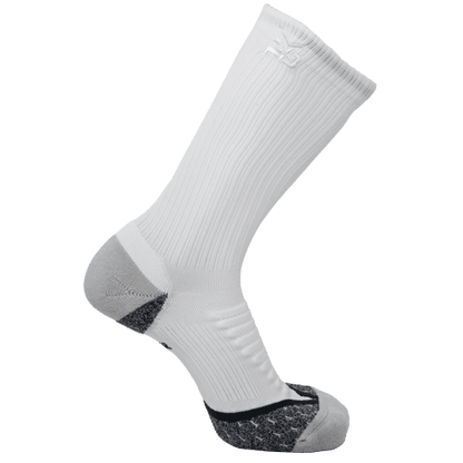 White iReliev AMP Crew Compression Socks designed for improved circulation and comfort during physical activity.