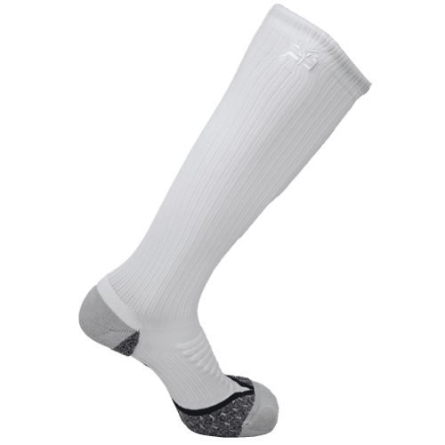 White iReliev AMP Leg Compression Socks designed for improved circulation and compression therapy.