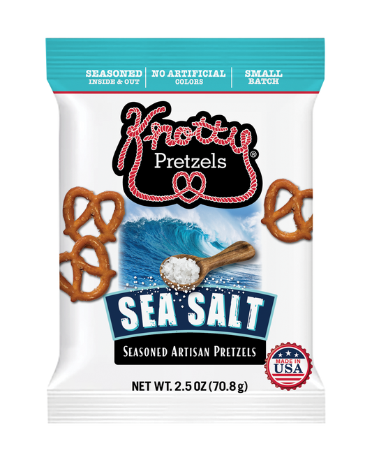 White bag of Knotty Pretzels sea salt snack pretzels in a 2.5 oz bag, showcasing salty, crunchy pretzel snacks.
