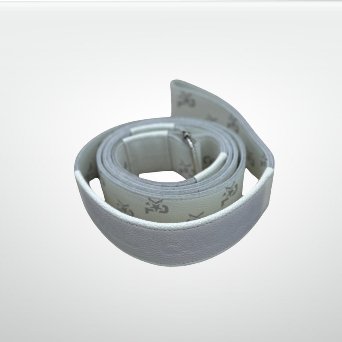 White leather I AM Monogram Yoga Strap by iReliev, a luxury fitness accessory for stretching and flexibility exercises.