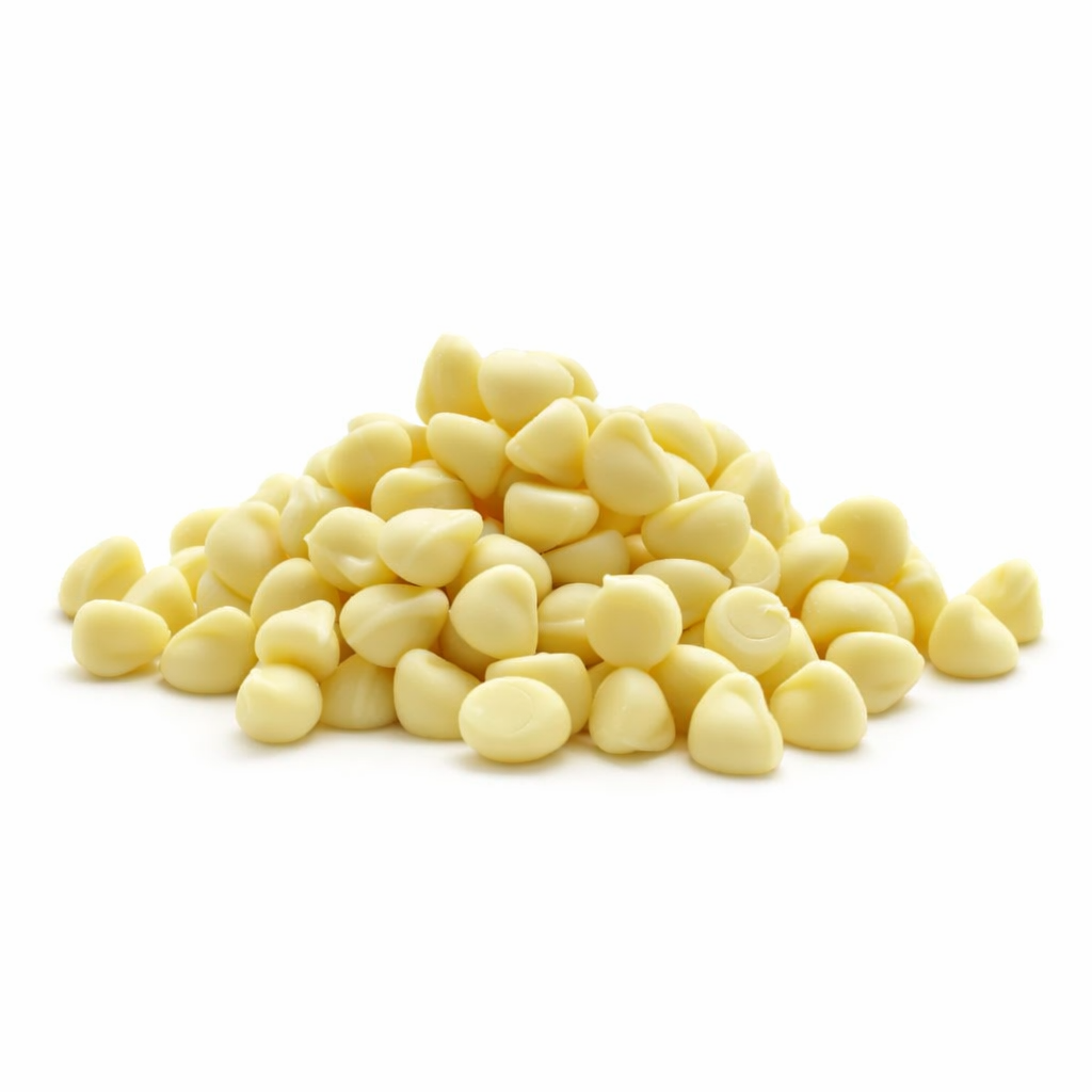 White Barry Callebaut chocolate chips in a bulk Candy In Bulk bag, ideal for baking and baking ingredients.