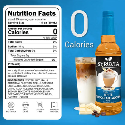 Syruvia sugar-free white chocolate mocha syrup bottle with white labeling and black cap, suitable for coffee and dessert flavoring.