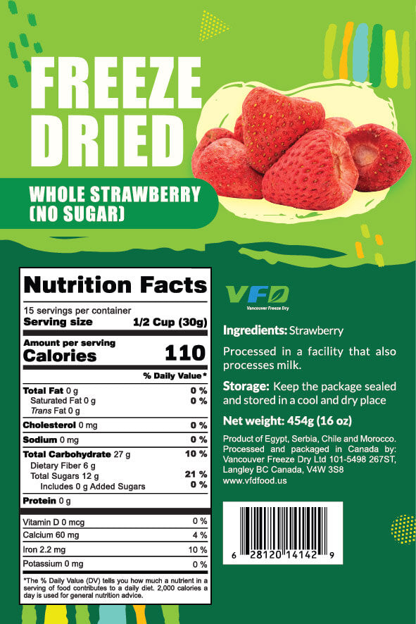 Whole freeze-dried strawberries from VFD.US, natural baking ingredient, with vibrant red color and preserved fruit texture.