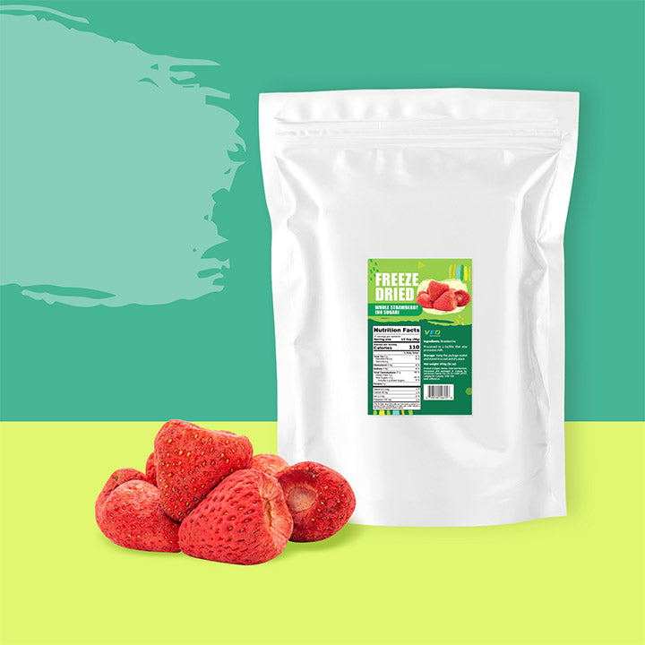 Freeze-dried whole strawberries by VFD.US, ideal for baking, featuring vibrant red, crispy texture, and natural whole fruit appearance.