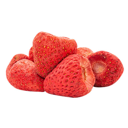 Freeze-dried whole strawberries for baking by VFD.US, showing vibrant, intact dried strawberries on a white background.