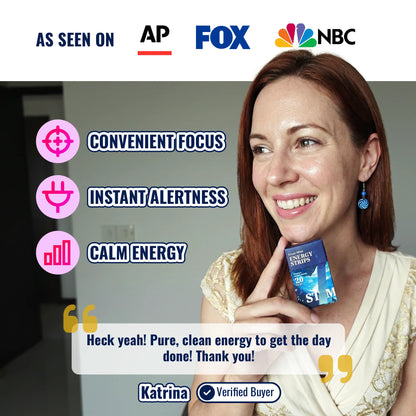 Oral dissolving STIM Energy Strips by STIM Energy On Demand, featuring a woman enjoying the boost in a vibrant setting.