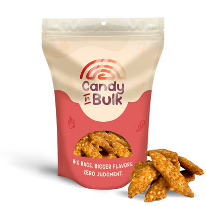 Wide cut sesame sticks snack in bulk value bag by Candy In Bulk, showing crispy sesame-coated snack sticks in a clear bag.