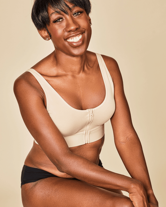 Meadow Wilderness front-closure beige cotton bralette with soft fabric and adjustable straps, designed for comfort and support.