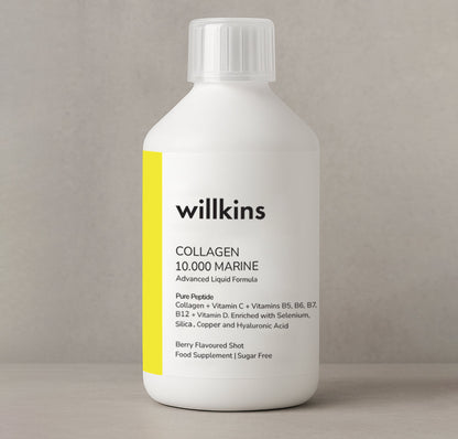 Willkins Marine Collagen 10,000 liquid formula in a clear bottle, showing the advanced liquid collagen supplement for skin and joint health.