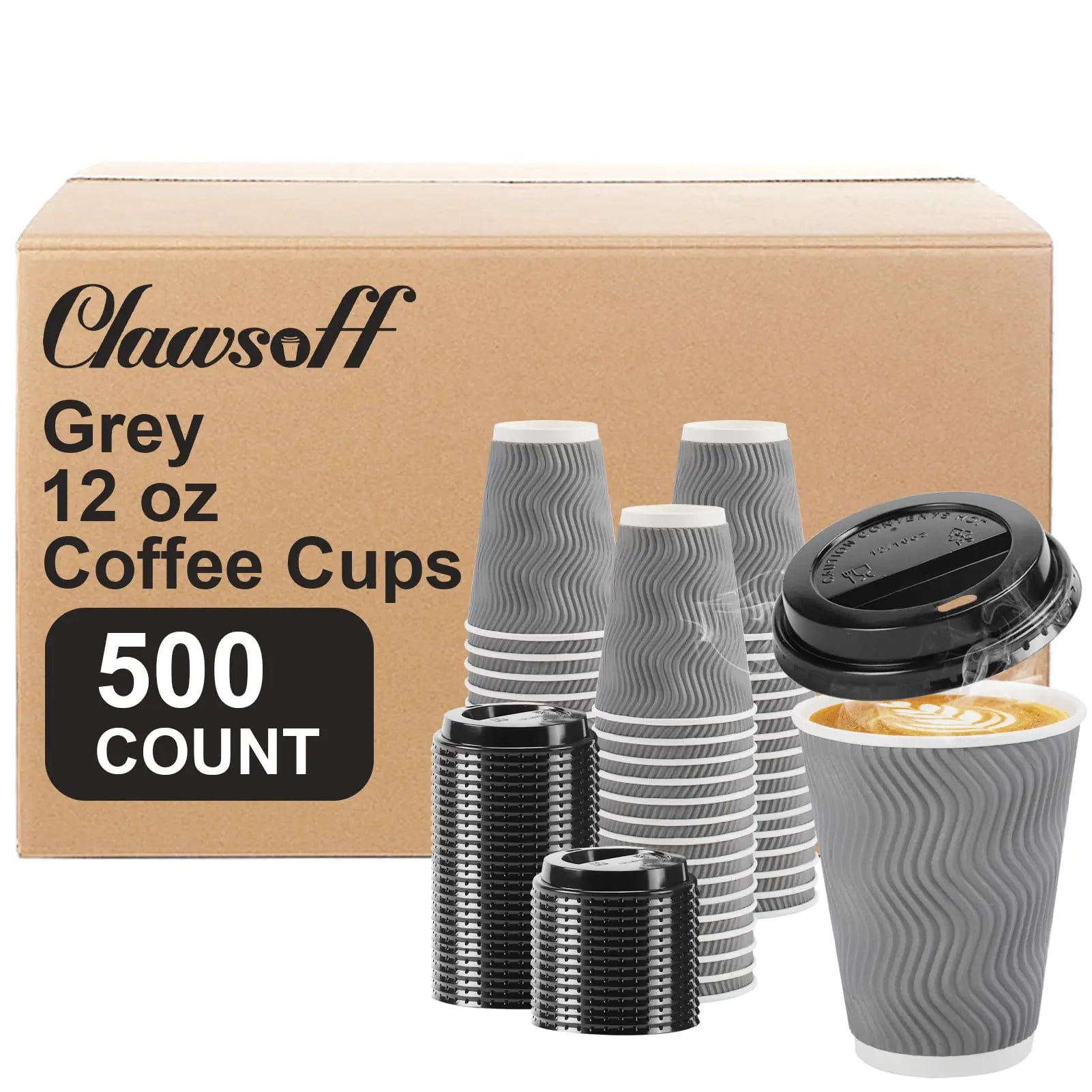 Clawsoff 500 Pack Coffee Cups with Lids 12oz Disposable Insulated Ripple Wall To Go Paper Coffee Cups for Hot/Cold Drinks Office Home Shop Event (Grey)