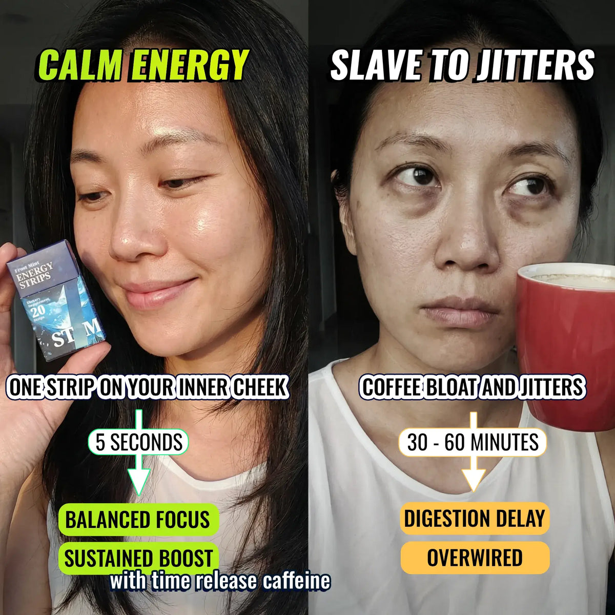 Woman holding STIM Energy Strips pack with three flavor options, showcasing oral dissolving strips by STIM for quick energy boost.