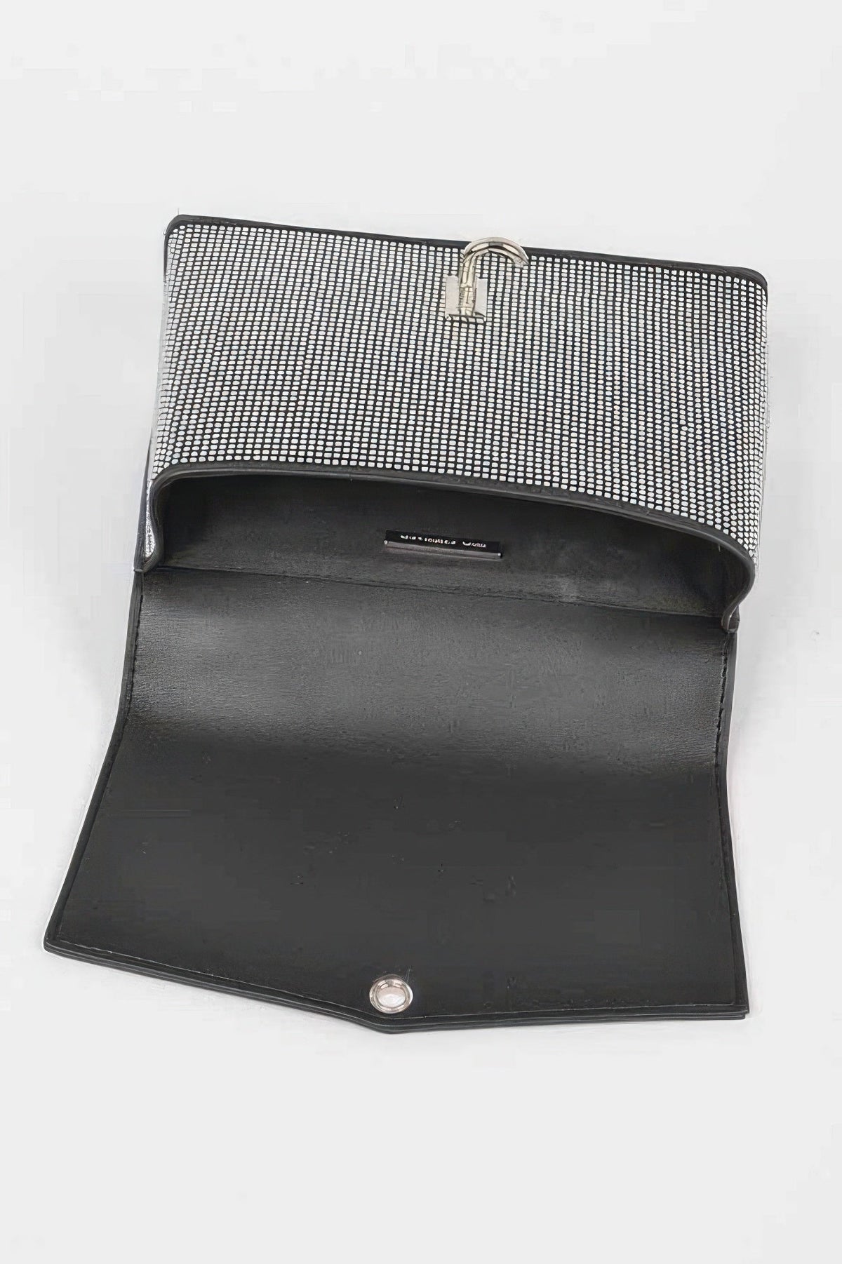 Women's hotfix rhinestone clutch handbag from Murray Hill by BYMANYC New York, featuring sparkling embellishments and sleek design.
